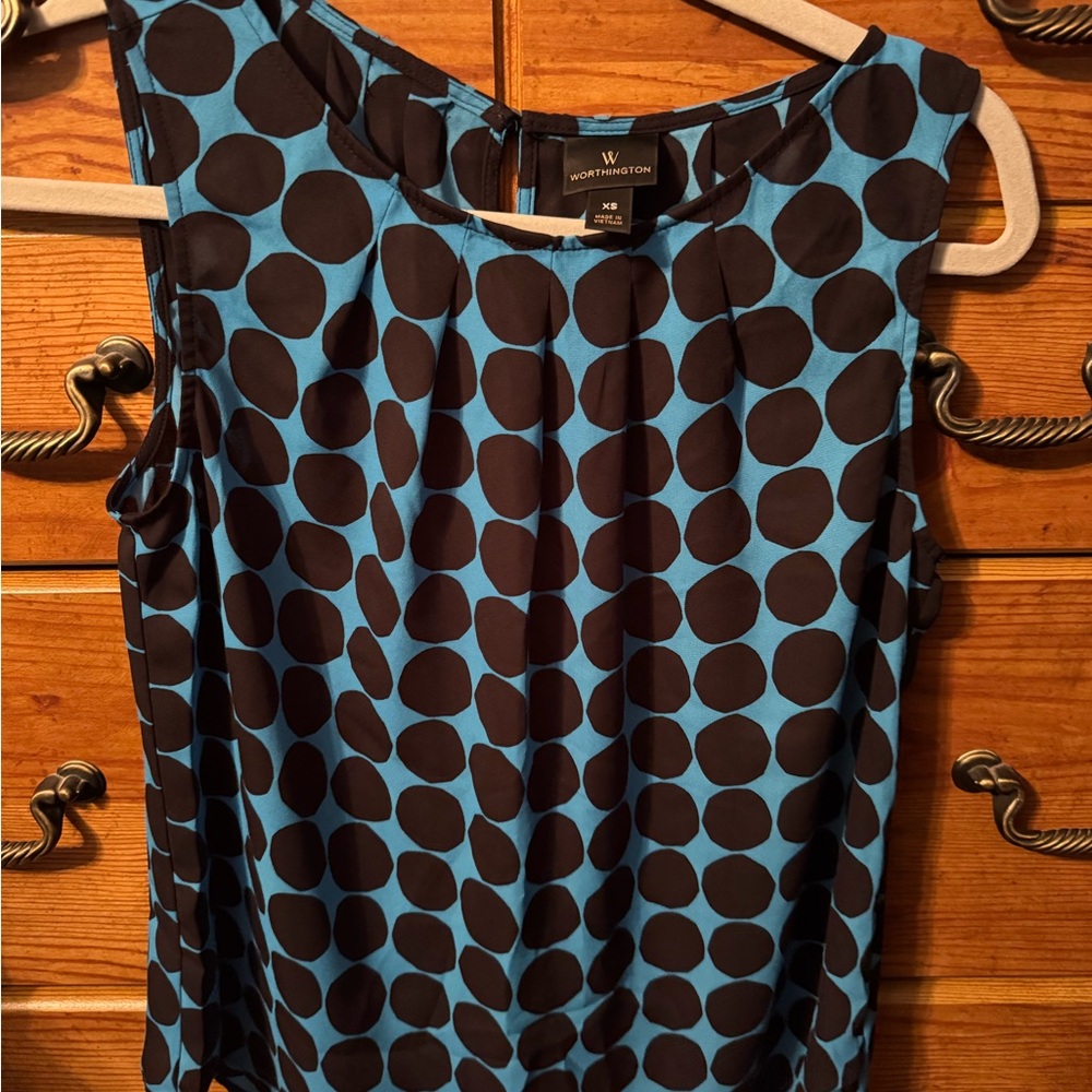 Worthington Teal and Black Polka Dot Sleeveless Top